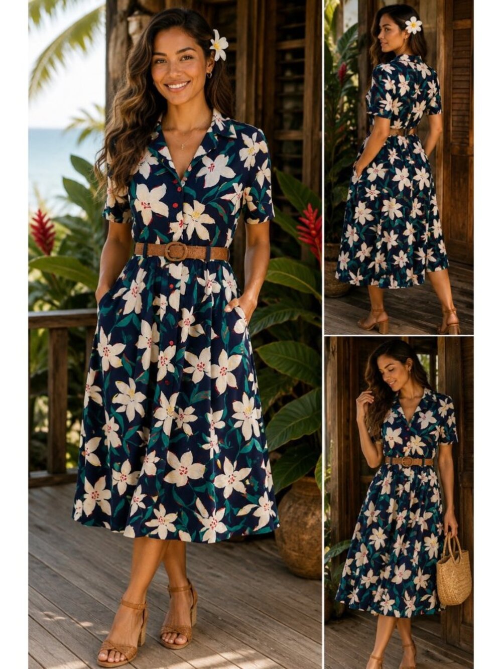 Vintage Sabino Floral Button-Up Collared Dress Navy & White Short Sleeve Fit & F